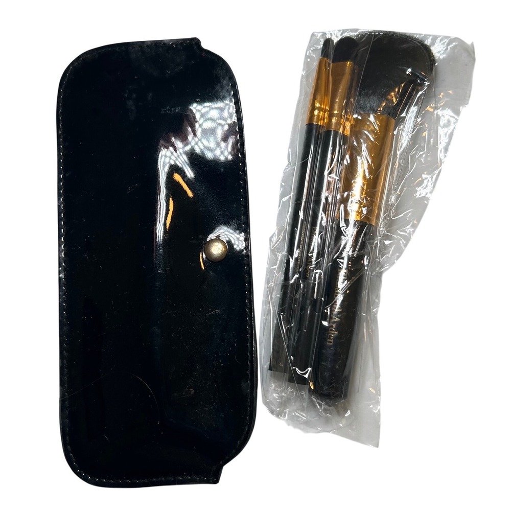 Elizabeth Arden 3 Piece Makeup Brush Set with Black Patent Travel Case Gold Tone